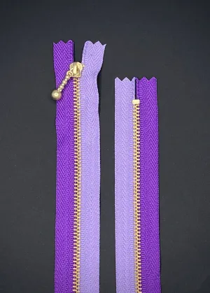 YKK Two Colour Brass Zip with Ball Pull, Purple   Lavender