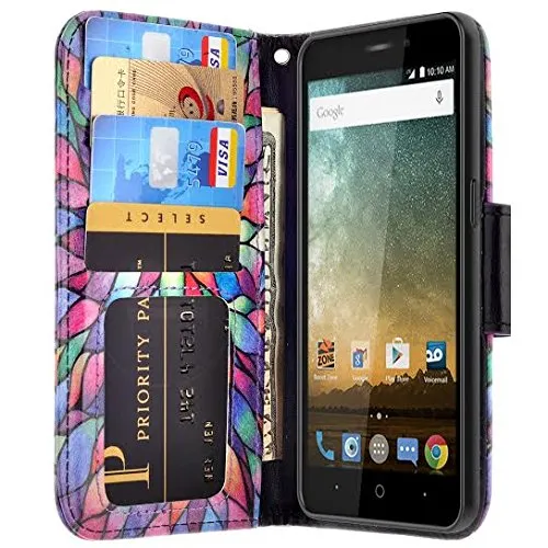 ZTE Grand X3, ZMAX Grand, ZMAX Champ, Warp 7, Avid 916 Case, Wrist Strap Magnetic Fold[Kickstand] Pu Leather Wallet Case Cover with  Slots - Rainbow Flower