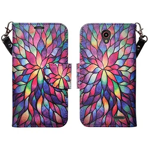 ZTE Grand X3, ZMAX Grand, ZMAX Champ, Warp 7, Avid 916 Case, Wrist Strap Magnetic Fold[Kickstand] Pu Leather Wallet Case Cover with  Slots - Rainbow Flower